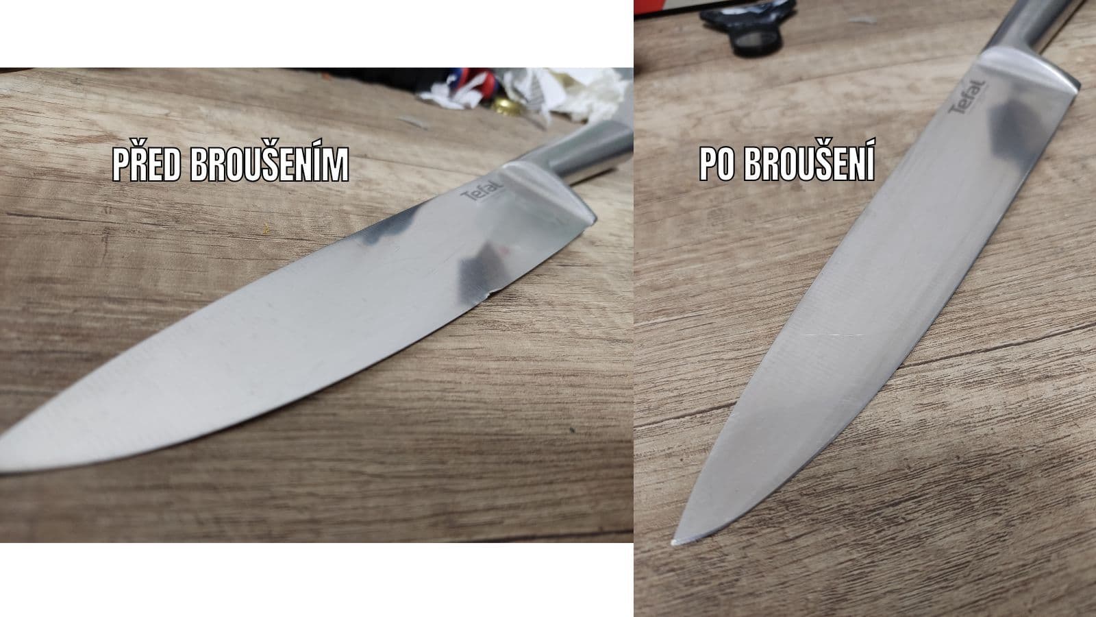Nůž Tefal před a po broušení